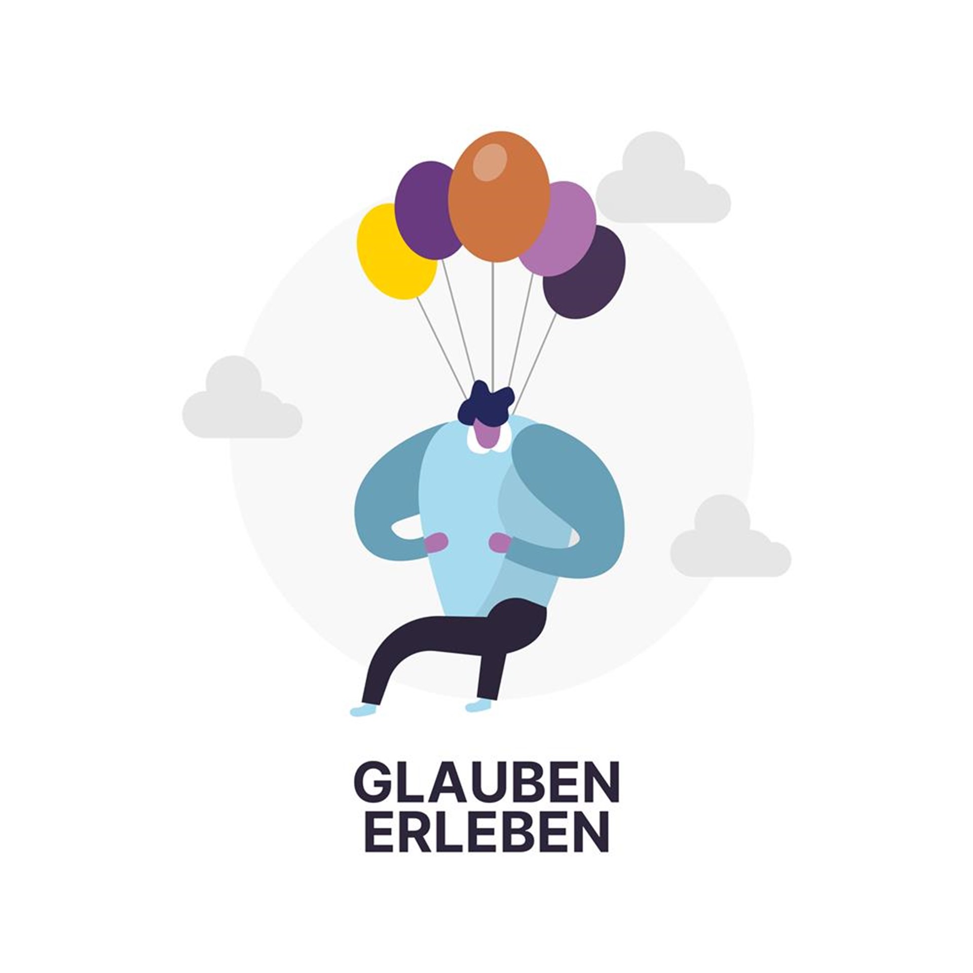 Icon Glauben erleben. Eine Zeichentrickfigur wird von einem Bündel Luftballons getragen.