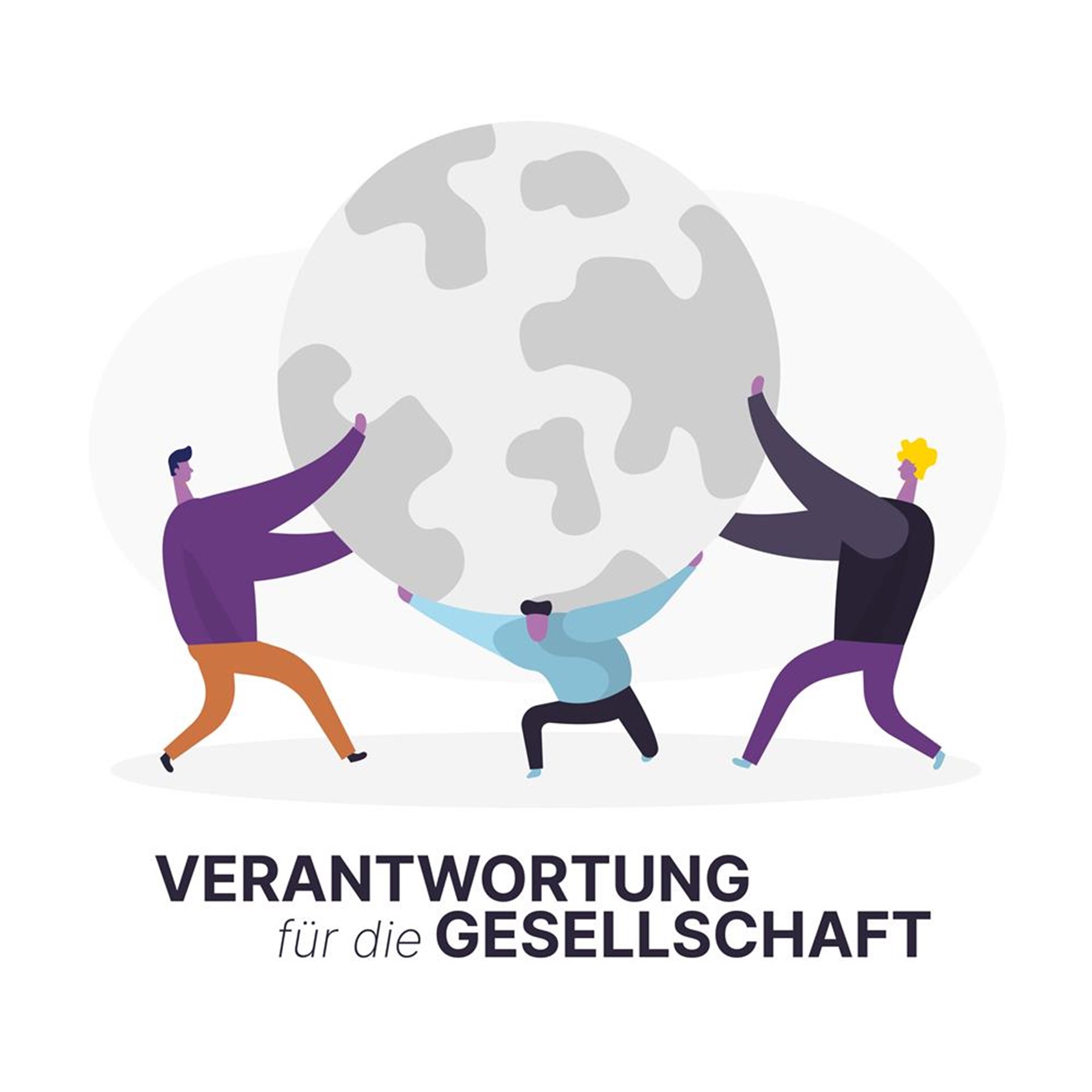 Eine Zeichentrickfigur trägt eine Weltkugel. Zwei weitere Figuren unterstützen von den Seiten. 