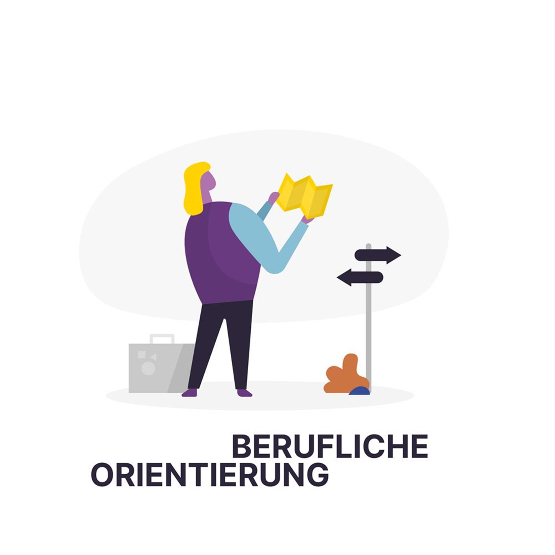 Eine Zeichentrickfigur liest eine Straßenkarte und steht vor einem Wegweiser. 